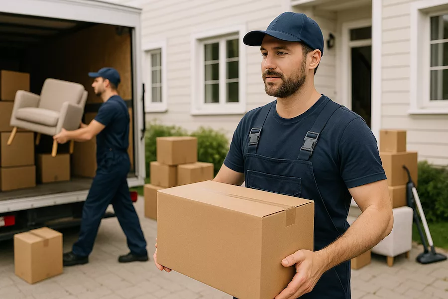 Flyttfirma bär kartonger och möbler under flyttdag